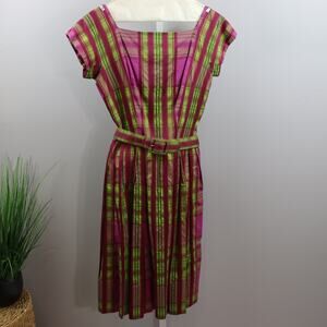 Vintage Neiman Marcus Plaid Silk Dress Pink Green Belted Fit & Flare Size S